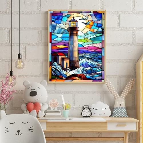 DIYDECORFUN Lighthouse Diamond Art Kits for Adults,DIY 5D Stained Glass Lighthouse Diamond Painting Kit for Beginners,Full Round Drill Landscape Dot Mosaic Gem Art for Home Wall Decor12X 16Inch