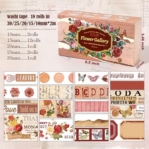 18 Rolls Washi Tape Set for Crafts and Journaling DIY Vintage Floral Tape Scrapbooking Supplies washi Tape for journaling Decorative Tape for Crafts