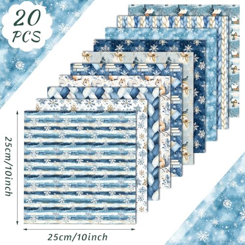 HunnmingRe 20 Pcs 10''x10'' Blue Winter Quilting Fabric Square Woodland Christmas Quiltted Fabric Bundle Snowy Day Snowflake Snowman Precuts Printed Patchwork Supplies for Xmas DIY Sewing Craft