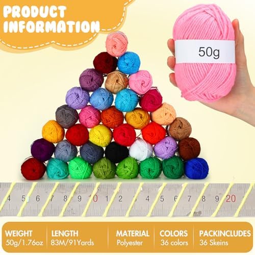 Coume 36 Polyester Yarn Skeins for Crocheting 50g 3268 Yards Multicolor DIY Soft Cotton Yarn Bulk for Weaving Knitting Beginners Dolls Gifts Crafts(36 Colors)