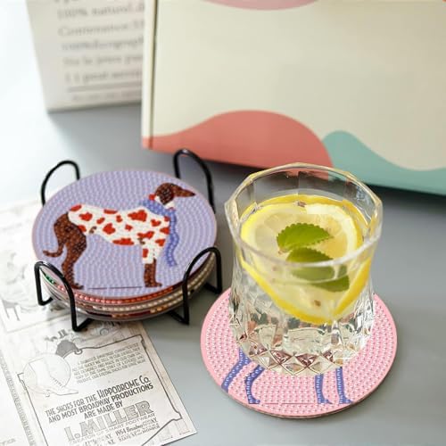 8PCS Dog Diamond Art Coasters Kits, Diamond Painting Coasters with Holder Set of 8, DIY Simple Gem Coaster Art Crafts Supplies for Adults, 4x4 in