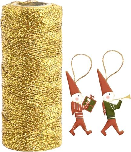 Gold String Twine 328 Feet 1.5mm for Ornaments Christmas String Twine for Gift Wrapping Inelastic Glitter Gold Cording for Crafts Thread Wedding DIY Decoration