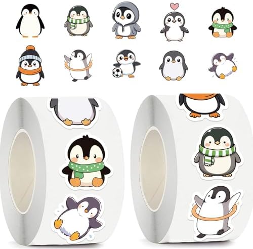 1000PCS Penguin Sticker Roll, 2 Rolls 10 Designs Animal Stickers