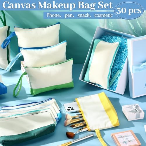 Silkfly 30 Pcs Cotton Canvas Makeup Bags Cosmetic Zipper Bags 10.2 x 5.5 x 2'' Blank DIY Pouch Bulk Pencil Case with Bottom Travel Toiletry Pouch for Women Craft Decor Gift (Blue,Green)