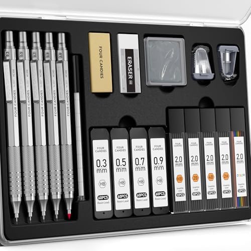 Four Candies Metal Mechanical Pencil Set, 4PCS 0.3, 0.5, 0.7, 0.9MM Mechanical Pencils & 2MM Drawing Pencil with 9 Tubes Lead Refills (4B 2B HB 2H Color) for Student Writing Artist Sketching - Silver