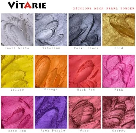 VITARIE Mica Powder for Lip Gloss, Skin, Nails, Soap Making, Bath Bombs, Epoxy Resin, Art Crafts, 24 Colors(0.11oz) Each, Neat Jar Set