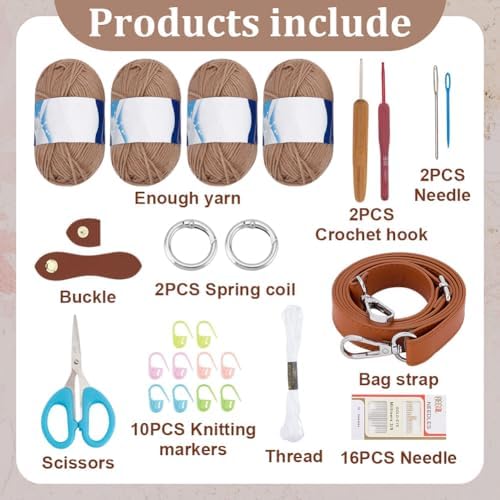 ACRNIGHEET Crochet Bag Kit for Beginners Crochet Purse for Women DIY Tote Bag Making Kit with Step-by-Step Tutorials Knitting Supplies for Adults Crafts Autumn Winter Boho Gift Idea (Khaki)