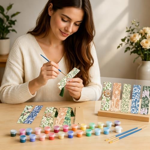 FYSUIMU 12Pcs Wooden Floral Paint by Number Kits Flower DIY Oil Painting Bookmarks with Tassels for Kids Adults Book Lovers DIY Crafts Supplies, 7 x 2 Inch