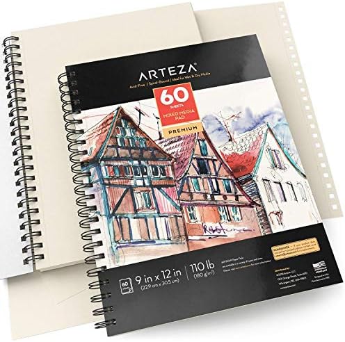 ARTEZA Mixed Media Sketchbook, 9x12 Inches – 2-Pack, 60 Spiral-Bound Sheets, 110 lb Acid-Free Paper for Wet & Dry Media: Acrylic, Ink, Pencil & More