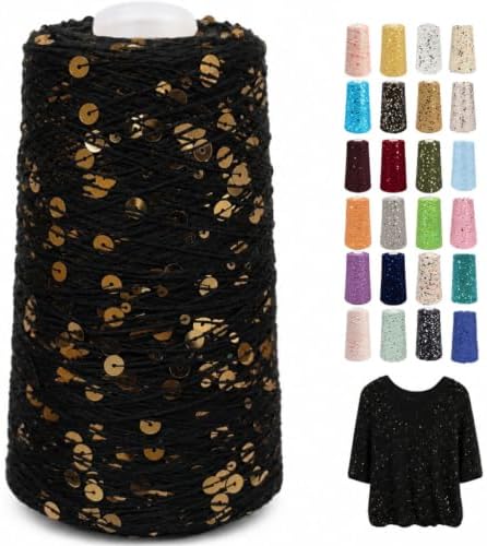 1100Yards Sequin Cotton Yarn for Crocheting Knitting, Sparkle Crochet Thread – 100% Cotton 5-Ply with 3mm 6mm Sequins,Paillettes Yarn for Scarves, Shawls, Sweater DIY Crafting