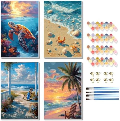 TBAIRO 4 Pack Beach Framed Paint by Numbers Kit for Adults Beginner Sea Turtle DIY Painting Kits for Adults Beach Easy Adult Paint by Number Kits on Canvas for Wall Art Decor 8x12 Inch