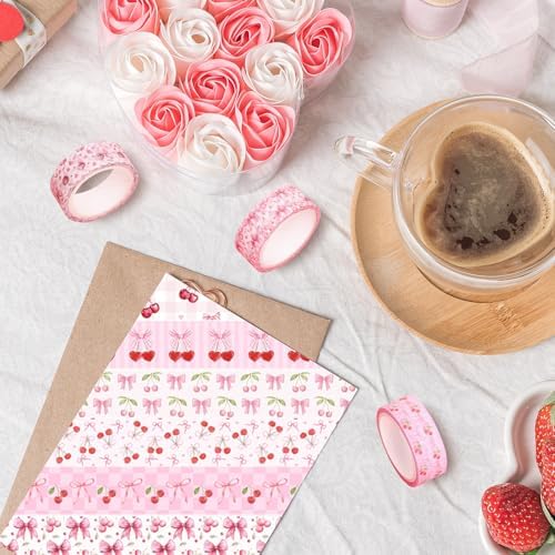 JarThenaAMCS 12 Rolls Pink Bow Washi Tape Cherry Bowknot Decorative Masking Tape Set Coquette Wrapping Paper Tapes for Valentine's Day Scrapbook Journal DIY Art Crafts