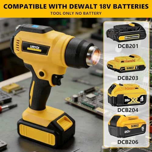 Cordless Heat Gun Compatible with Dewalt Battery, 300W High Power, with LCD Display, Adjustable Temperature 86°F~1022°F, Includes 3 Nozzles, Ideal for Shrink Tubing and Crafting (Battery Not Included)