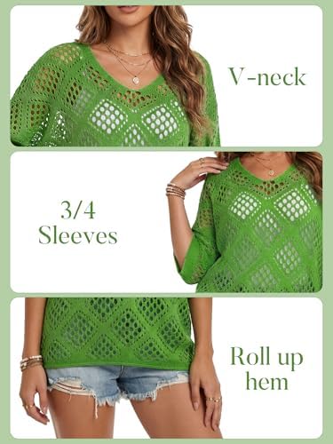 Womens Crochet Top Summer 3/4 Sleeve Cover Up V Neck Boho Tops