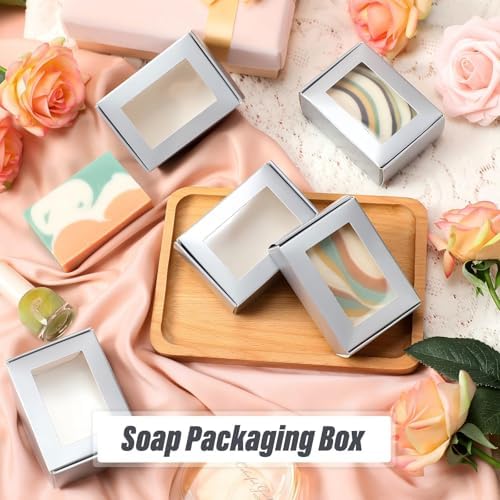 Zonon 30 Pcs Soap Boxes for Homemade Packaging, Mini Kraft Boxes with Window for Bakery Candy Soap Making Gift Packaging, 3.7x2.6x1.4 Inch (Silver)