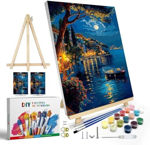 JOOZ Paint by Numbers Kit for Adults with Frame, Moon Paint by Number with Easel, DIY Town Lake Boat Paint by Numbers Landscape for Home Wall Decor 8 x 12 Inch