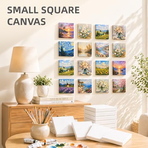 CONDA 24 Pack 4x4 Inch Mini Blank Canvas for Painting, 100% Cotton Stretched Canvas with Pinewood Frame, Acid-Free Primed Mini Square Canvas for Acrylic Oil Painting, Classroom Art & Party Decor