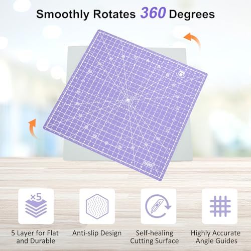 Headley Tools 12"x12" Rotating Cutting Mat, Self Healing Mat with 360-Degree Rotation & Anti-Slip Base, Sewing Board Cutting Mat Perfect for Fabric Quilting Leather Hobby Project, Purple