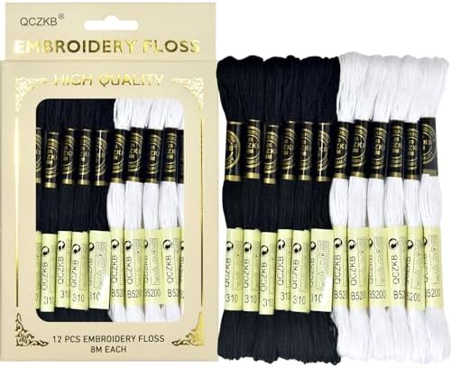 Premium Rainbow Color Embroidery Floss - Cross Stitch Threads - Friendship Bracelets Floss - Crafts Floss - 12 Skeins Per Pack Embroidery Floss,White Black