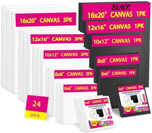 Stretched Canvas for Painting, 24Pack Canvas Value Pack for Painting, Triple Primed 5/8" Profile Cotton Professional Artist Quality Blank Canvas,Ready to Paint, Art Supplies for Acrylic, Oil