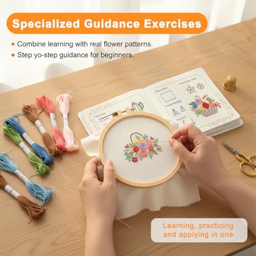 Beginner Embroidery Stitch Book Kit with Fabric Pages, 32 Essential Stitches, All-in-One Hand Embroidery Book for Adults & DIY Craft Lovers, with sewing kit, Needles & Tools, Drawstring Bag