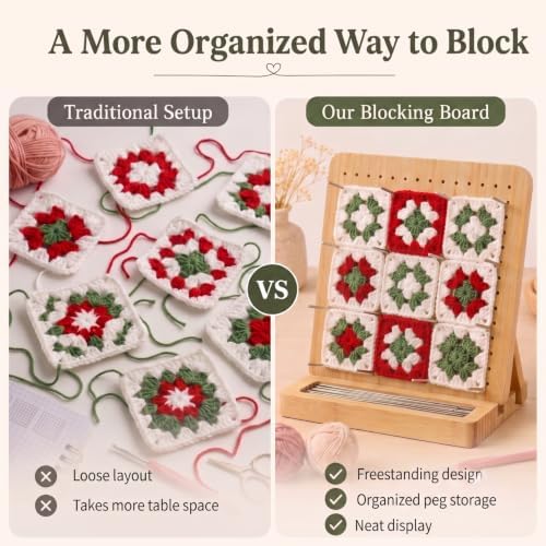Bamboo Crochet Blocking Board with Stand, Pegs & Metal Pins, Granny Square Yarn Tool, Crochet Accessories for Knitting, Quilting Squares & Crocheter Gifts (Natural, Small)