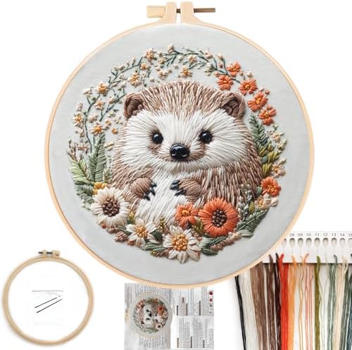FONNUY Embroidery Kit for Beginners, Cute Hedgehog Stamped Embroidery Patterns Kits for Adults with Hoop, Easy to Follow Sewing Thread Needlework, 8'' Hoop (Tiny Ball)
