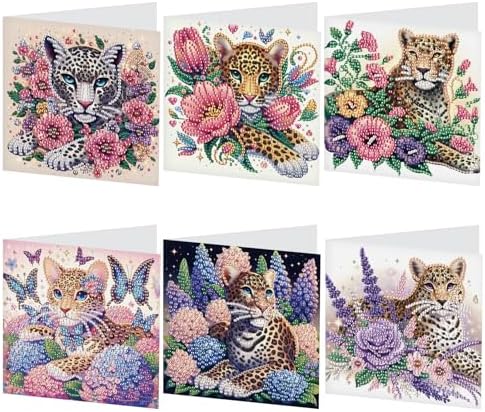 LazyFold 6 Pcs Diamond Art Painting Greeting Cards Kits, DIY Flowers and Animals Handmade Festival Greeting Cards with Envelopes Diamond Art Crafts Birthday Cards Creative Gift