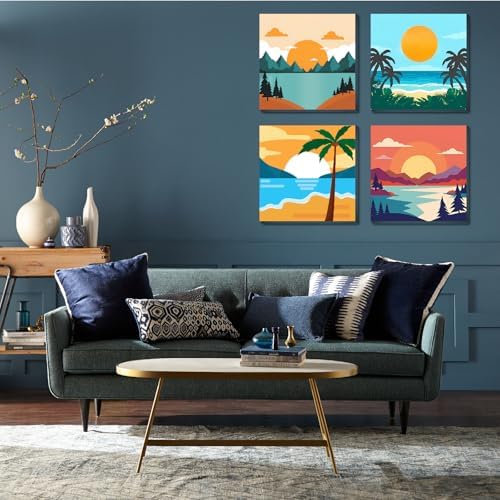 FQOVKYN 4 Framed Landscape DIY Paint by Numbers Kit for Adults Beginner, Sunset Easy Painting by Number with Frame, Acrylic Paint Kit Arts and Crafts for Adults for Decor 8x8inch