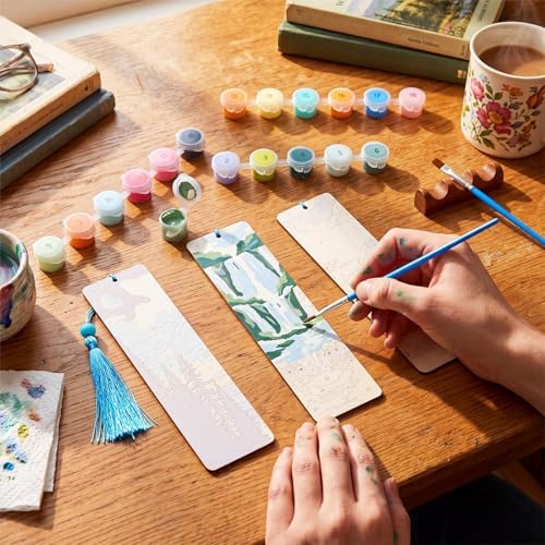Kosiz 12 Pcs Night Landscape Paint by Number Kit for Adult Wood Bookmark | Mini Paint by Numbers Kit, Painting Decor, Tiny Mountain Tassels Blank Bookmarks, for Small DIY Craft Book Lovers Gift 7x2 ''