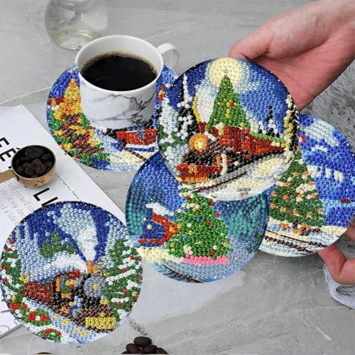 ijbnhd Christmas Train Diamond Art Coasters, 8 PCS, 4x4 inch