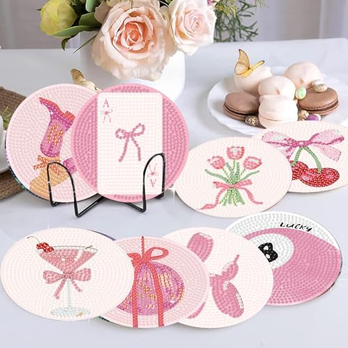 8 Pcs Pink Disco Diamond Art Coasters Kits, Diamond Painting Coasters Kits