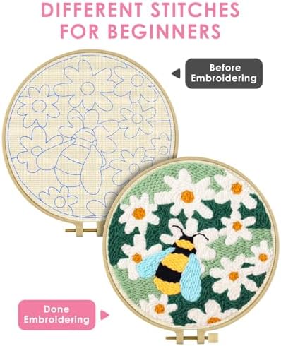 TINDTOP Punch Needle Kits, DIY Punch Embroidery Kits for Adults Beginner, Tool with Punch Needle Fabric, Hoops, Yarns and Sewing Needles (Set D)