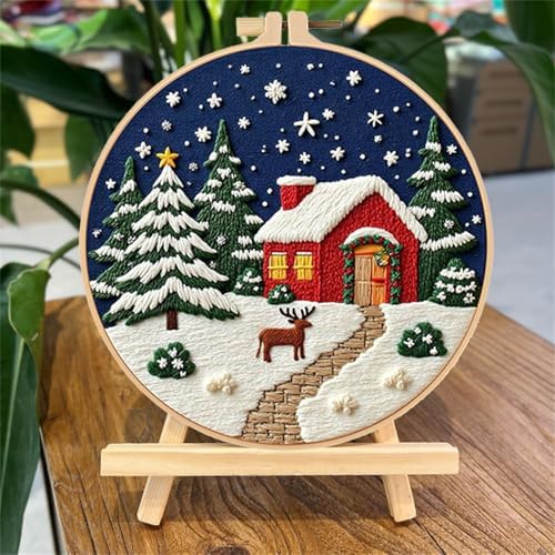 LB Christmas Embroidery Kit for Beginners Adults, 3 Sets Hand Embroidery Starter Kit with Fireplace Pattern and Instructions Stamped Cross Stitch Kits Include Embroidery Hoop Needles Threads Scissors