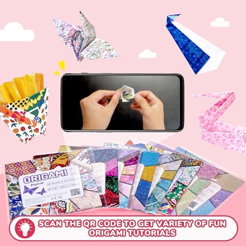 JoyCat Iridescent Laser Origami Paper, 50 Holographic Sheets, 6x6 Inch | Holographic sheets shift color in the light for eye-catching origami, gift wrapping, cards, party decor and metallic crafts.
