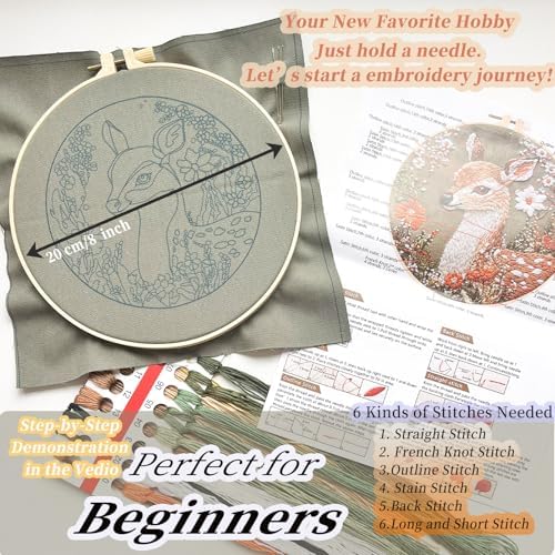 FONNUY Printed Deer and Floral Embroidery Kit with Hoop, Cross Stitch Kits for Beginners, Handmade Crafts, Easy to Follow Color Thread Needlework, 8'' Hoop (Deer and Daisies)