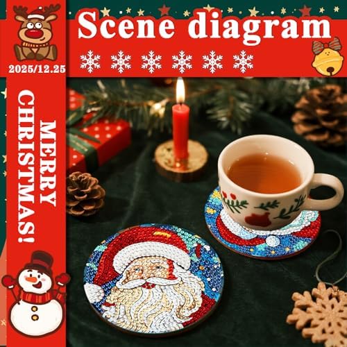 DOTSOPS 8 Pcs Diamond Art Coasters with Holder for Adults Beginners Diamond Craft for Christmas Birthday Gifts (Santa Claus)
