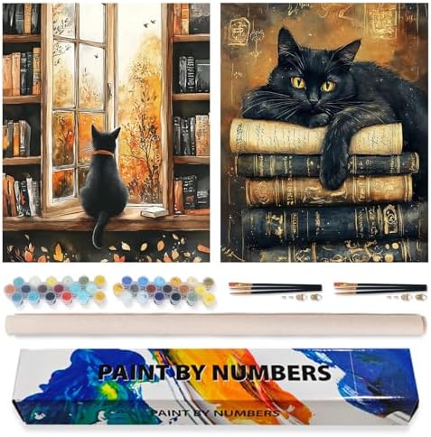 Possoco 2 Pack Paint by Numbers Kit for Adults Beginner, Black Cat Adult Paint by Number Kits on Canvas, DIY Acrylic Vintage Books Number Painting for Adults for Home Decor Gift 16x20 Inch