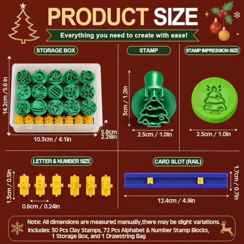 30 Pcs Christmas Pattern Clay Modeling Stamp Set with 72-Character Letter Stamps and Storage Box, Christmas Pattern Stamps for Polymer/Ceramic Clay, Pottery Craft, Cookie and Jewelry Making