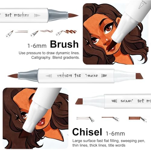SFAIH Skin Tone Alcohol Markers Brush & Chisel - 12 Dark Portrait Colors, Blendable & Refillable Permanent Art Markers for Adults/Teen/Artists/Creators & Illustrators