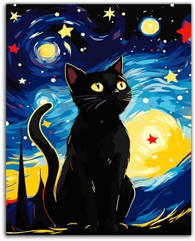 ZTOTZ Cats Paint by Number Kits for Adult,Black Cat Paining by Numbers Canvas, Kitten Adults' Paint-by-Number Kits Animal, 16x20 DIY Paints Numbers Kits Adults Starry Night