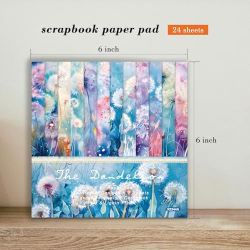 24 Sheets Scrapbook Paper Pad Cardstock, 6 x 6 Inch Colorful Dandelion Patterned Designed Decorative Decoupage for Card Making Folded Material Gift Wrapping Journals DIY Crafts Photo Album