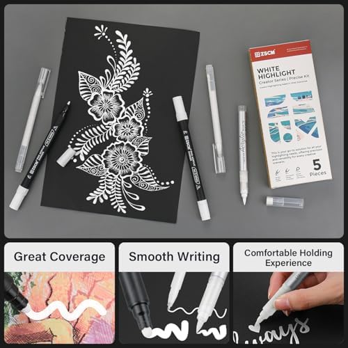 5 White Acrylic Pens Set, White Gel Pens, Dual-Tip Acrylic Paint Markers