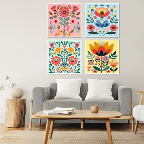 4 Pack Framed Floral Paint by Numbers Kits for Adults with Easel (8x8in)