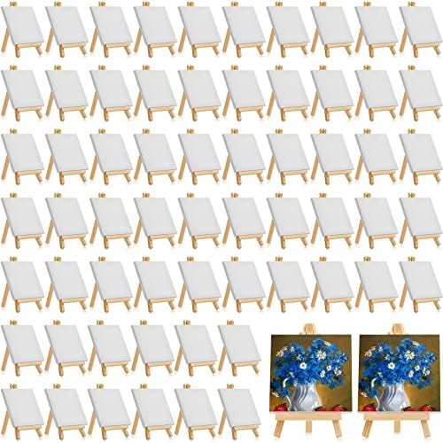 Mimorou 64 Pack Mini Canvas with Easel for Painting Wood, 5 x 5 Inch