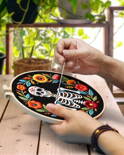 TINDTOP Embroidery Kit for Adult Beginners, Embroidery DIY Starter Kit, with Stamped Patterns, Hoop, Tools, Colorful Threads with Needles, Instructions (Skeleton A)