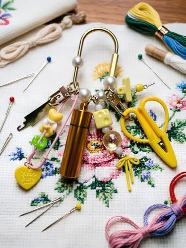 MEYAGO Needlepoint Bag Charm Tool Kit with Mini Embroidery Scissors, Needle Threader, Needle Holder Tube & Gold Keyring, Portable Embroidery Accessories for Cross Stitch Sewing DIY Crafts (Yellow)