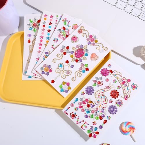 Gem Stickers for Crafting, Face, Eye, and Body Makeup, DIY Decoration, Kids' Rewards (Gem Stickers D (8 Sheets))