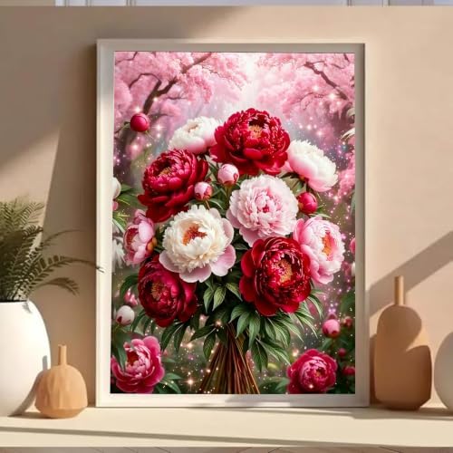VeGuude Diamond Art Flowers Kits for Adults, Full Drill Peony Flowers Diamond Painting Kits for Beginners, DIY Full Rhinestone 5D Diamond dots (Gemstone Craft), Home Wall Decoration (12x16 inch)