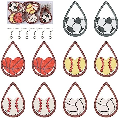 20pcs Sport Ball Earring Making Kits Football Basketball Rugby Wooden Charms 5 Styles Sport Ball Earring Pendants with Ear Hooks Jump Rings for DIY Jewelry Hanging Ornament Making
